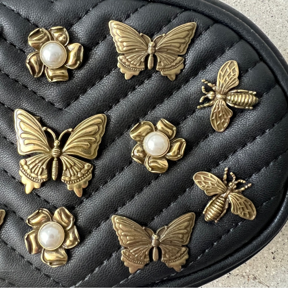 STEVEN MADDEN W-Bugged Bronze Butterfly Pearl Flowers Black Belt Bag Fanny Pack - Picture 8 of 15